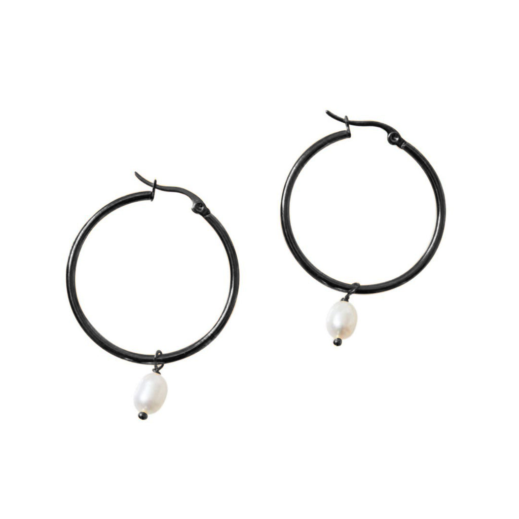 Steel Me Black Round Hoop & Pearl Earrings