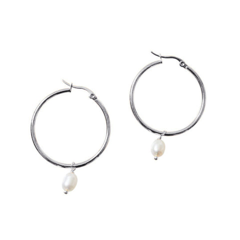 Steel Me Silver Round Hoop & Pearl Earrings