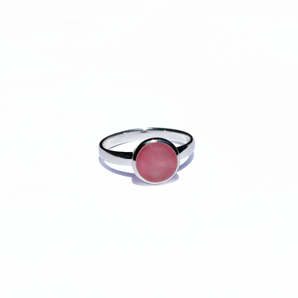 small circle rose quartz and sterling silver ring, silver ring, rose quartz ring, rose quartz jewellery, rose quartz, womens jewellery, new zealand designed jewellery, local new zealand designer, fabulous jewellery, unique jewellery, beautiful jewellery, rose quartz circle ring for women, unique nz design jewellery