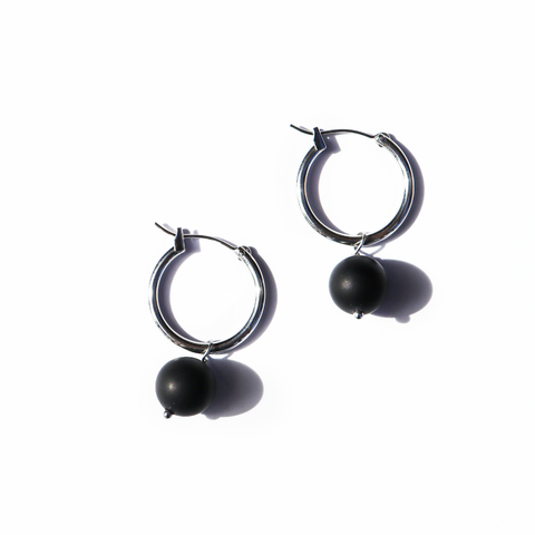 Black Onyx & Silver Hoop Earrings