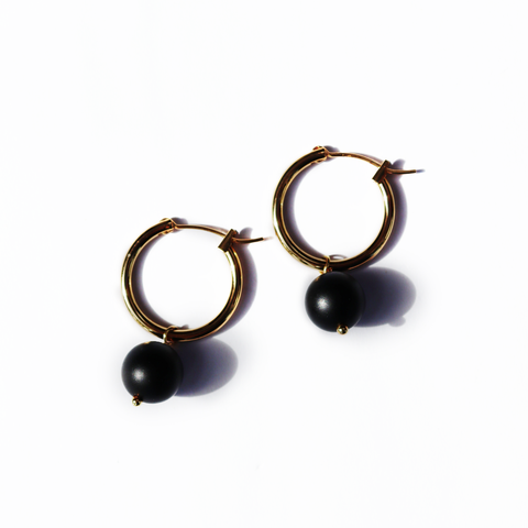 gold hoops with matte black onyx, black onyx jewellery, gold hoops, hoop earrings, womens jewellery, earrings, fabulous jewellery, unique new zealand designs, gifts for women, gifts for her, local nz designer, fabulous jewellery for women