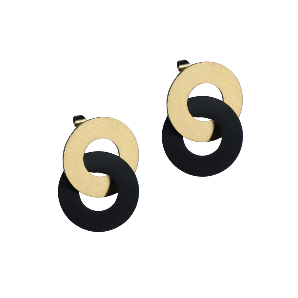 Circula Yellow Gold & Black Stud Earrings