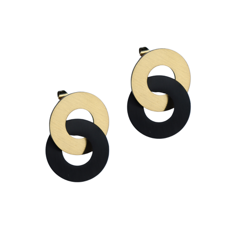 Circula Yellow Gold & Black Stud Earrings