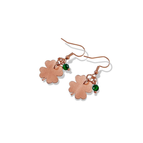 rose gold, rose gold earrings, rose gold jewellery, earrings, rish, jewellery, fashion, fashion jewellery, lucky, green tigers eye, four leaf clover, nz jewellery, nz designer, designed in nz, free shipping, high quality