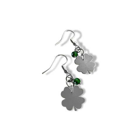silver four leaf clover petite earrings for women with green tigers eye, silver, silver earrings, earrings, silver jewellery, rish, jewellery, fashion, fashion jewellery, lucky, green tigers eye, four leaf clover, nz jewellery, nz designer, designed in nz, free shipping, high quality