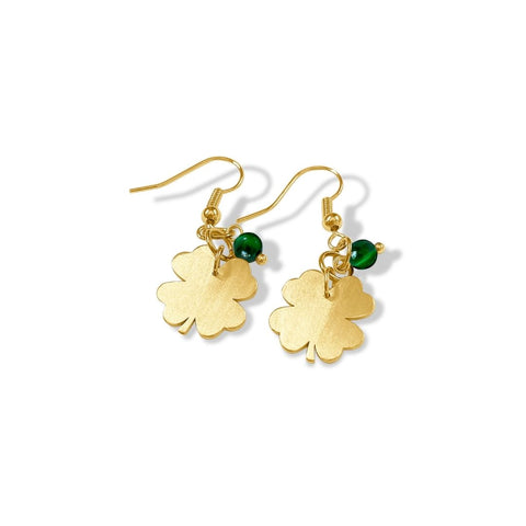 yellow gold, yellow gold earrings, earrings, yellow gold jewellery, rish, jewellery, fashion, fashion jewellery, lucky, green tigers eye, four leaf clover, nz jewellery, nz designer, designed in nz, free shipping, high quality