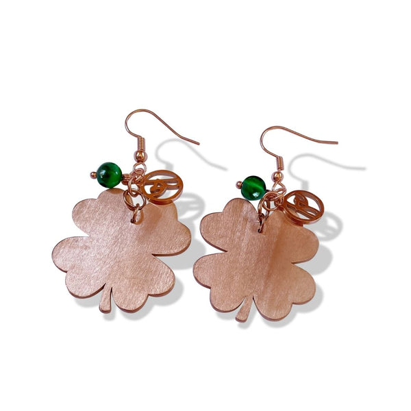 Lucky jewellery, jewellery, nz jewellery, designer jewellery, fashion jewellery, fashion, four leaf clover, tigers eye stone, green stone, womens jewellery, high quality jewellery, rose gold earrings, rose gold jewellery, rose gold