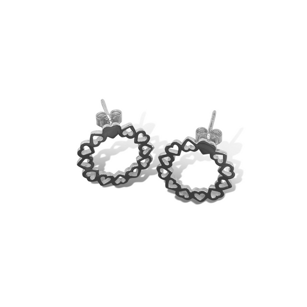 love goes round, heart stud earrings, circle of hearts earrings, studs, womens jewellery, sterling silver heart stud earrings, jewellery for women, new zealand designer, love jewellery, jewellery for love, earrings for women, small circle of hearts, sterling silver love jewellery, free shipping nz wide, high quality jewellery, beautiful earrings