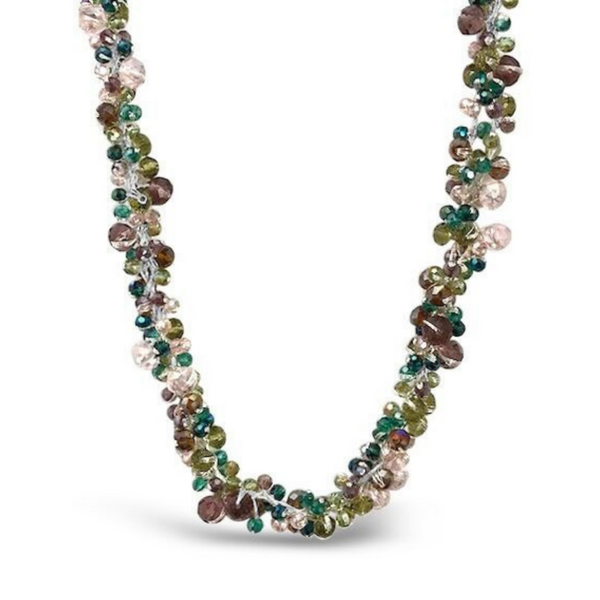 green and pink crystal necklace in a statement short style, green crystal necklace, pink crystal necklace, short statement necklace, beautiful necklace, fabulous jewellery, unique womens jewellery, new zealand jewellery, new zealand designer jewellery, high quality jewellery, colourful jewellery, modern jewellery, on trend jewellery