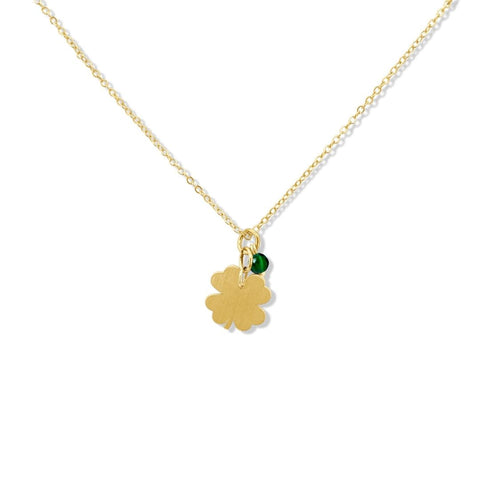 yellow gold, yellow gold necklace, yellow gold jewellery, small necklace, necklace, rish, jewellery, fashion, fashion jewellery, lucky, green tigers eye, four leaf clover, nz jewellery, nz designer, designed in nz, free shipping, high quality
