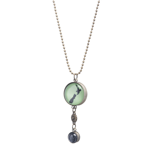 New Zealand made jewellery, New Zealand jewellery, New Zealand icons, hand made jewellery, local jewellery, beautiful jewellery, handmade in New Zealand, nz jewellery, nz designer, nz made, local business, family business, small nz business, two sided necklace, necklace, nz necklace, nz map necklace, green nz necklace, two sided nz necklace