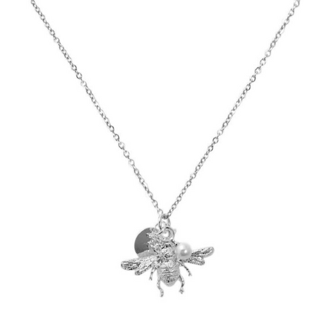 silver necklace, silver bee, bee, bees, bee jewellery, save the bees, stainless steel, pearl, necklace, jewellery, nz jewellery, designer jewellery, designed in nz, well made, high quality jewellery, local jewellery, shop local, fashion jewellery, fashion