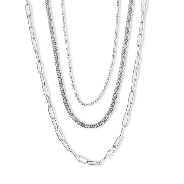 one necklace with three different types of chain crafted from stainless steel, on trend layered silver necklace, stainless steel three chain necklace, three chain silver necklace, short style three chain silver necklace, womens jewellery, auckland jewellery, auckland designer, new zealand, stainless steel jewellery, affordable jewellery
