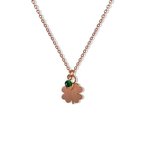 petite style rose gold necklace with rose gold four leaf closer and green tigers eye, rose gold, rose gold necklace, necklace, rose gold jewellery, rish, jewellery, fashion, fashion jewellery, lucky, green tigers eye, four leaf clover, nz jewellery, nz designer, designed in nz, free shipping, high quality