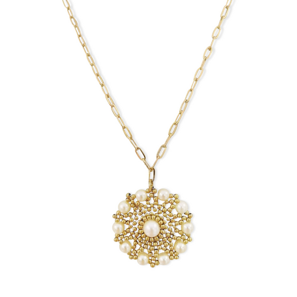 yellow gold and pearl rosette hangs on a long styler paperclip chain, unique yellow gold necklace, yellow gold fashion jewellery, stainless steel fashion jewellery, unique womens jewellery, beautiful jewellery, new zealand designed, long style necklace, gold rosette, gold paperclip chain