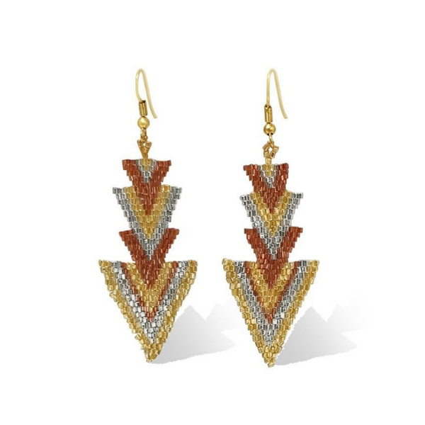 rose gold silver and yellow gold arrow hand beaded earrings in a long yet light weight style, Womens jewellery, nz jewellery, nz designer, shop local, high quality jewellery, beaded jewellery, colourful jewellery, fashion, fashion jewellery, jewellery, jewelry, yellow gold jewellery, yellow gold, yellow gold earrings, silver, silver jewellery, silver earrings, rose gold jewellery, rose gold earrings, silver yellow gold and rose gold earrings