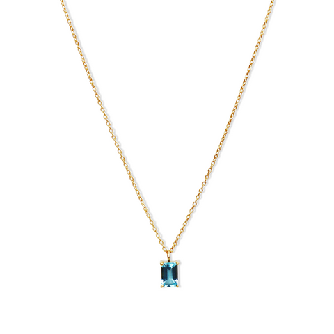 blue topaz in a petite rectangle cut on a sterling silver chain with 14kt yellow gold plating, yellow gold and blue topaz necklace, womens jewellery, blue topaz jewellery, auckland jeweller, auckland jewellery, blue topaz necklace, petite style jewellery, mini gem stone jewellery, high quality jewellery, mothers day jewellery, mothers day gifts, jewellery for her, jewellery for mum, gifts for women