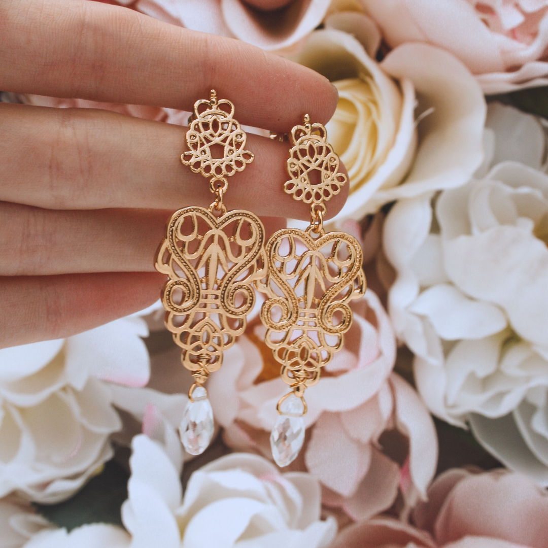 Large Gold Statement Wedding Hoop Earrings | Pearl, Crystal, Flower Bridal  Chandelier Earrings — Edera Jewelry | Heirloom Lace Wedding Accessories