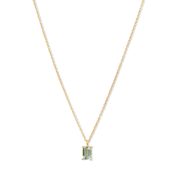 petite rectangle green amethyst stone on sterling silver necklace with 14kt yellow gold plating, auckland designer, auckland jewellery, beautiful jewellery, local jewellery, green amethyst jewellery, semi precious stones, petite style jewellery, high quality jewellery 