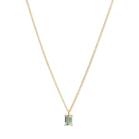 petite rectangle green amethyst stone on sterling silver necklace with 14kt yellow gold plating, auckland designer, auckland jewellery, beautiful jewellery, local jewellery, green amethyst jewellery, semi precious stones, petite style jewellery, high quality jewellery 