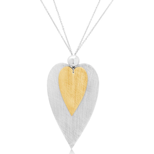 large silver pendant necklace with small yellow gold heart with textured finished on long chain, large heart necklace, bold necklace, statement necklace, statement jewellery, womens jewellery, unique jewellery, long bold necklaces, gifts for women, fabulous jewellery, unique jewellery, free shipping nz wide, free gift wrapping 