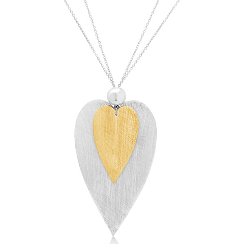 large silver pendant necklace with small yellow gold heart with textured finished on long chain, large heart necklace, bold necklace, statement necklace, statement jewellery, womens jewellery, unique jewellery, long bold necklaces, gifts for women, fabulous jewellery, unique jewellery, free shipping nz wide, free gift wrapping 