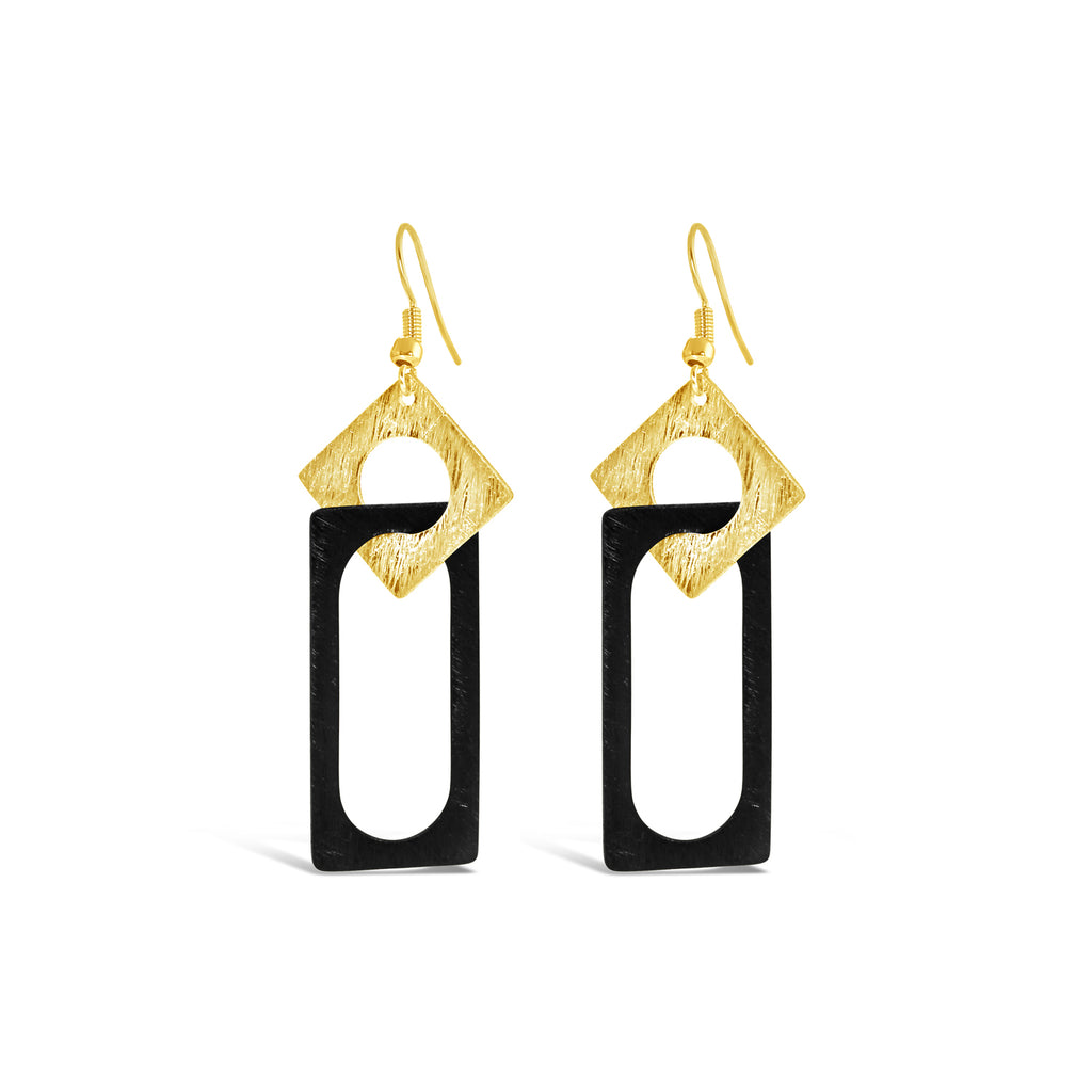 carre, earrings, fashion earrings, fashion, fashion jewellery, high quality, well made, nz jewellery, designer jewellery, designed in NZ, shop local, gift, gifts for her, anniversary, high quality jewellery, yellow gold, black, black jewellery, black earrings, yellow gold jewellery, yellow gold earrings, 2 toned earrings