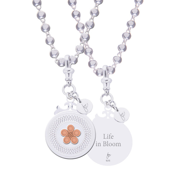 sterling silver necklace, sterling silver and rose gold necklace, bloom neckalce, floral jewellery, flower jewellery, life in bloom, special jewellery, jewellery for the special moments, gifts for her, gifts for women, local jewellery, designer jewellery, designed in nz, nz designer
