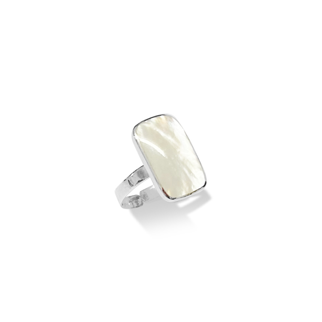 Redgem 925 Silver Ring for Women Natural Shell Cream 7X9 MM Rectangle