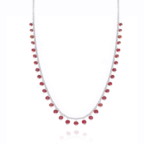 short style sterling silver chain with petite red rubies attached to the chain, petite ruby necklace, on trend ruby necklace, ruby, ruby necklace, necklace, silver necklace, sterling silver, fine jewellery, jewellery, luxury, rubies, nz jewellery, nz designer, designer jewellery, designed in nz, high quality, free shipping, nz business, shop local 