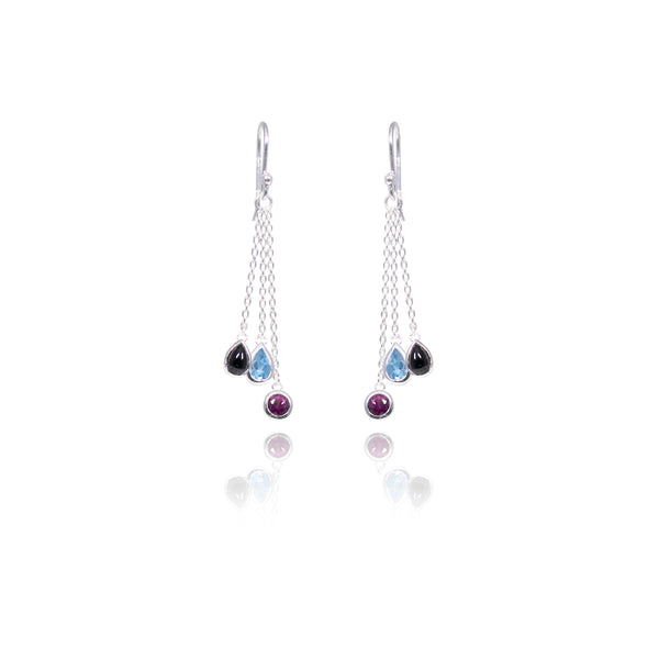 sterling silver, blue topaz, black onyx, rhodolite garnet, nz jewellery, fabulous jewellery, womens jewellery, nz designer, designer jewellery, hook earrings, beautiful hook earrings, free shipping, womens gifts, gifts for women, birthday gifts for women, special jewellery, unique designs