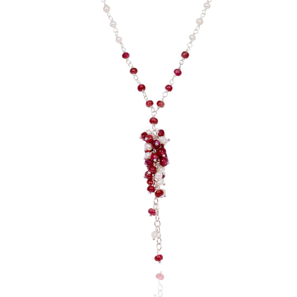 ruby and fresh water pearl necklace, rub y necklace, fresh water pearl necklace, necklace, womens jewellery, womens fashion, fashion, high quality jewellery, semi-precious stones, precious stones, fresh water pearls, pearls