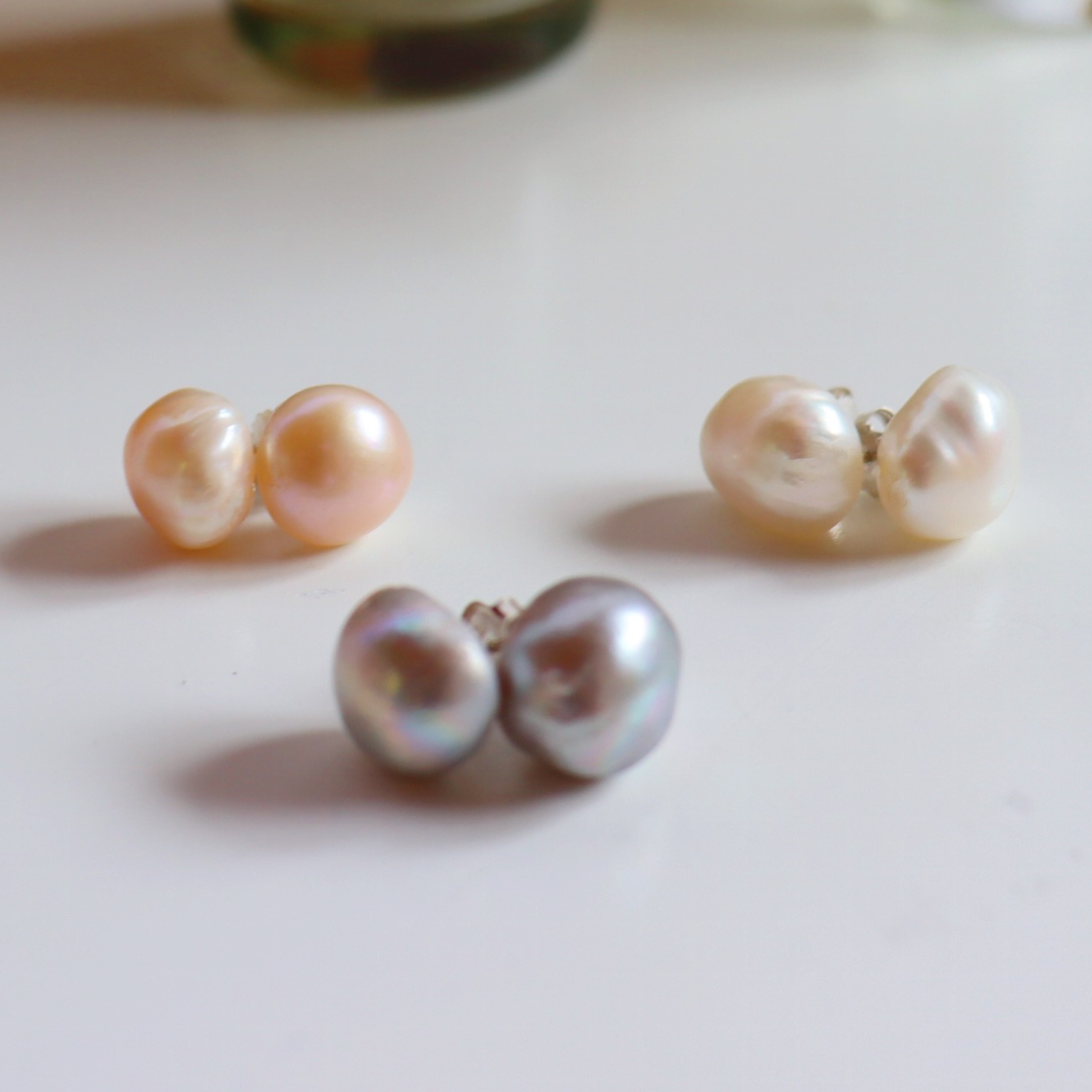 Silver Perle Grey Keshi Pearl Stud Earrings
