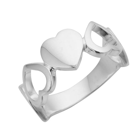sterling silver band ring featuring stencil heart with one solid heart, ring, silver ring, ring jewellery, heart ring, rings, hearts, heart, sterling silver, jewellery, gifts, love goes round, valentines, valentines day, gifts for her, present, sterling silver jewellery, nz designer, designed in nz, nz designer jewellery, high quality