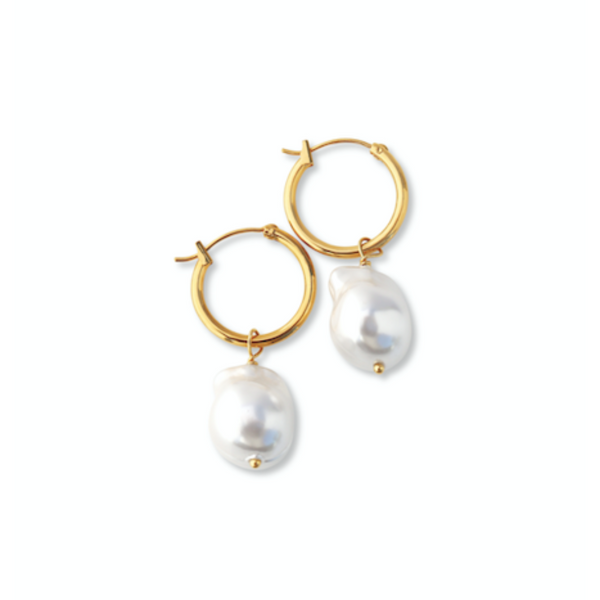 Steel Me Yellow Gold Baroque Pearl Hoop Earrings