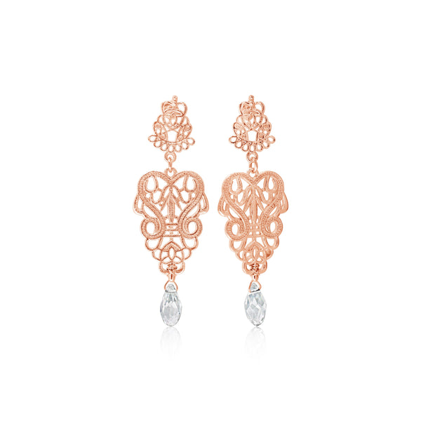 rose gold light weight royal inspired dangle earrings, earrings for special occasions, nz jewellery, high quality jewellery, well made jewellery, designer jewellery, nz designer, shop local, fashion, fashion jewellery, gifts for her, gifts for mum, earrings, rose gold, rose gold jewellery, rose gold earrings
