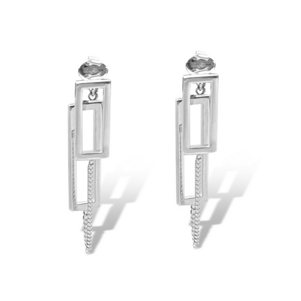 sterling silver double rectangle stud and chain earrings, nz designer jewellery, sterling silver statement earrings, structured jewellery, fabulous jewellery for women, auckland designer, nz designed womens jewellery, nz sterling silver jewellery, high quality jewellery