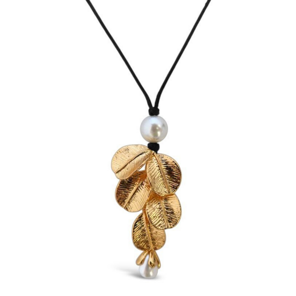 Jewelry, women owned, nz business, shop local, nz jewellery, designed in nz, nz designer, designer jewellery, well made, high quality jewellery, fashion, fashion jewellery, shop local, female owned, fleur, floral jewellery, womens jewellery, gifts for her, gift, present, mothers day, yellow gold necklace, yellow gold and pearl, pearls, pearl jewellery, adjustable necklace, long necklace