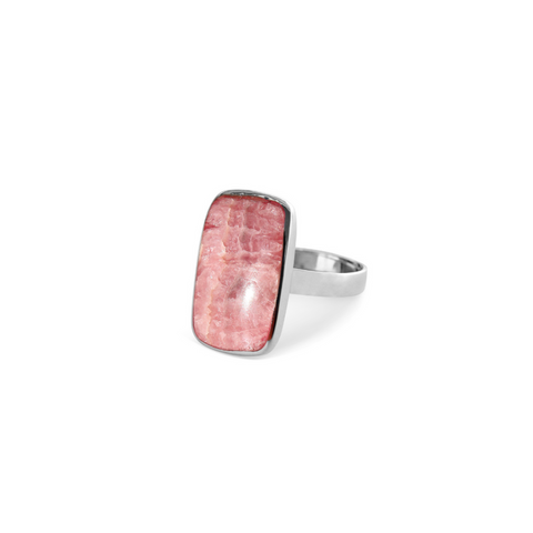 rectangle cut of the pink rhodochrosite stone set in a sterling silver case and band, pink ring, rhodochrosite ring, rhodochrosite jewellery, womens jewellery, well made jewellery, local jewellery, designer jewellery, la stele collection, womens pink jewellery, mothers day gifts, gifts for women, gifts for mum, mothers day presents
