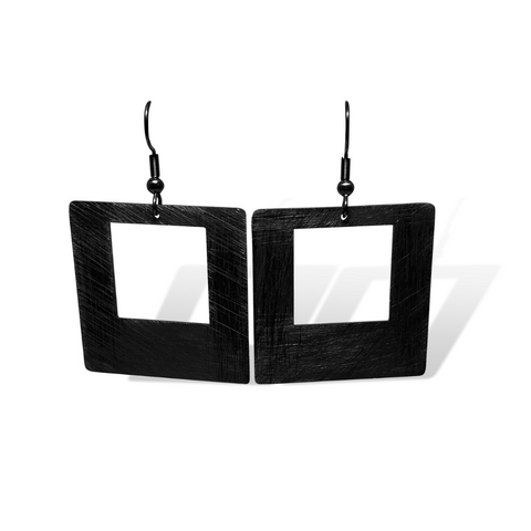 black square pendant with textured finish hanging on a hook, carre, earrings, fashion earrings, fashion, fashion jewellery, high quality, well made, nz jewellery, designer jewellery, designed in NZ, shop local, gift, gifts for her, anniversary, high quality jewellery, square earrings, black earrings, black jewellery, black