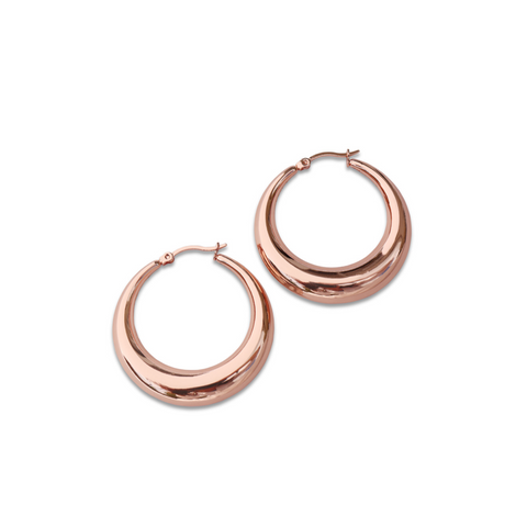 rose gold hollow hoop earrings made from stainless steel, stainless steel jewellery, on trend jewellery, beautiful jewellery, designer jewellery, everyday jewellery, beautiful jewellery, hoop earrings, earrings, hoops, auckland jewellery, new zealand jewellery, designer jewellery, local business, on trend jewellery designs, light weight earrings, rose gold jewellery, rose gold earrings
