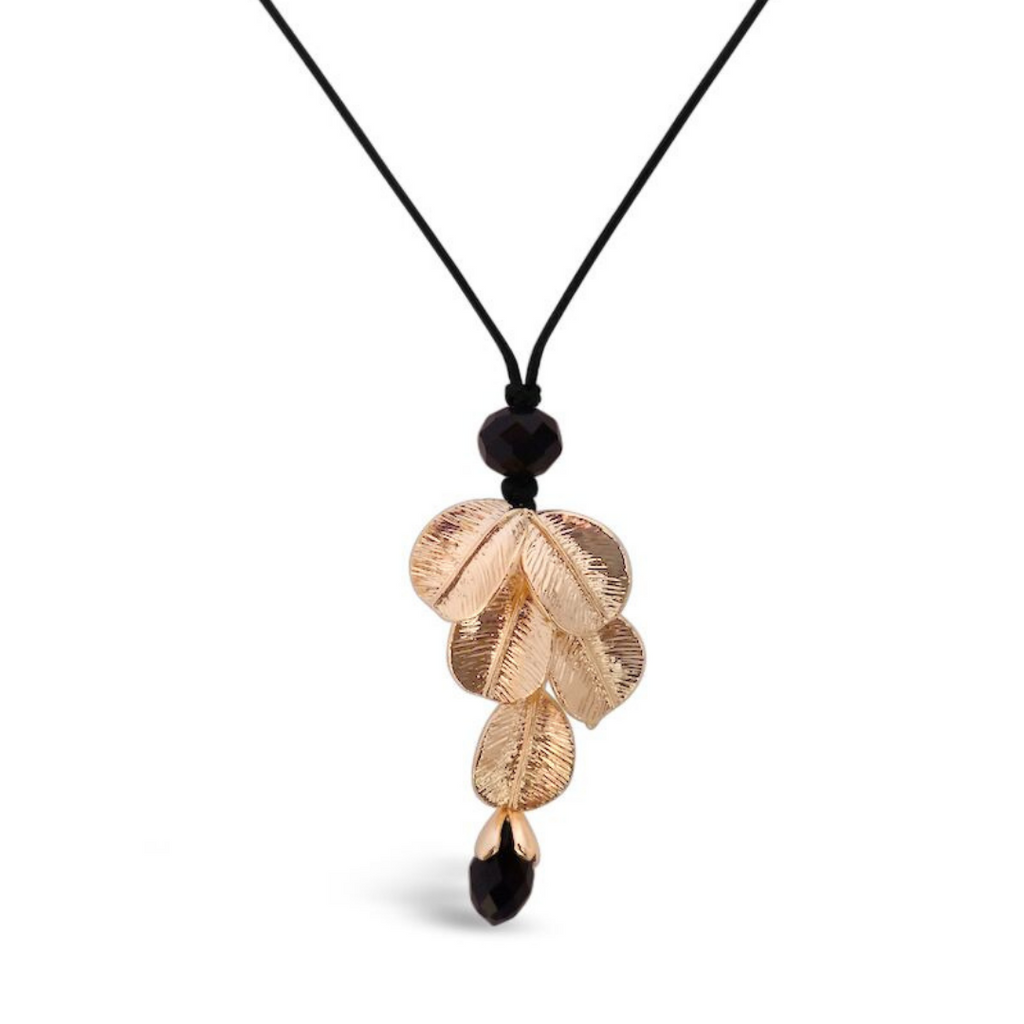 Jewelry, women owned, nz business, shop local, nz jewellery, designed in nz, nz designer, designer jewellery, well made, high quality jewellery, fashion, fashion jewellery, shop local, female owned, fleur, floral jewellery, womens jewellery, gifts for her, gift, present, mothers day, yellow gold necklace, yellow gold jewellery, yellow gold, black bead, yellow gold and black, long necklace