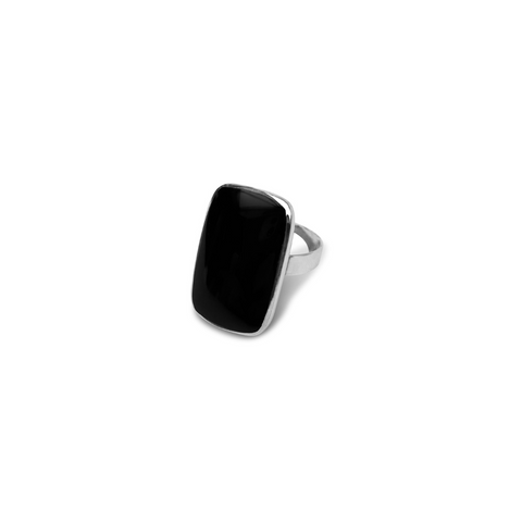 rectangle black onyx shiny stone with sterling silver band for a statement ring, black onyx rectangle ring, ring, sterling silver ring, black onyx, black onyx jewellery, womens jewellery, nz designer, high quality jewellery, semi-precious stones, gifts for women, unique jewellery for women, unique gifts, christmas 2022 gifts, free gift wrapping, free shipping nz wide