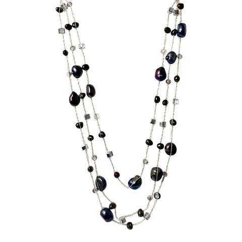 long silk necklace featuring black dyed fresh water pearls paired with petite style crystals and beads, long black pearl necklace designed to be layered, long womens necklace for versatile wear