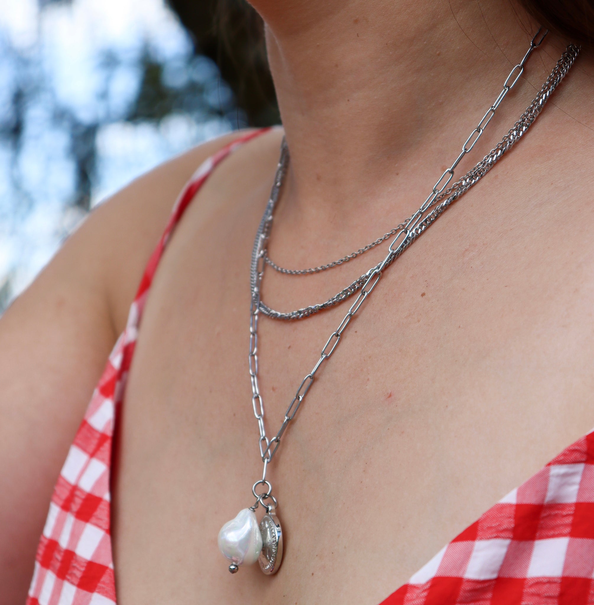 Triple Chain Pearl + Chain Necklace