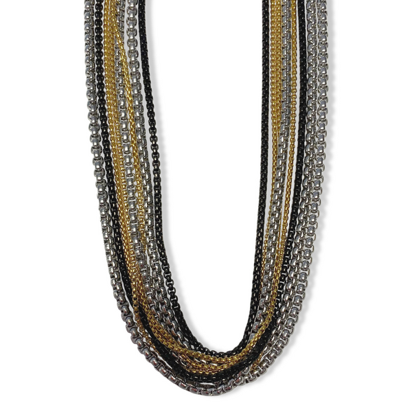 short stainless steel necklace featuring 7 stainless steel chains in silver, yellow gold and black, chunky necklace for women, bold necklace, long style necklace, womens fashion jewellery, big jewellery, jewellery for women, gifts for women, fashion jewellery for women, new zealand designer, new zealand jewellery, auckland designer, auckland jewellery, black chains, silver chains, yellow gold chains, short chunky necklace, short bold necklace
